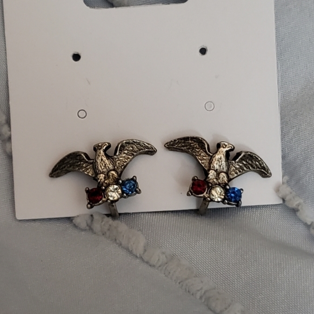 Silver Tone Eagle Earrings with Red, White, and Blue Accenting Stones